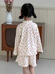 DAZY Young Girl Heart Print Long Sleeve Top + Shorts Home Wear Set, Girls Summer Outfits - Beige - View 4