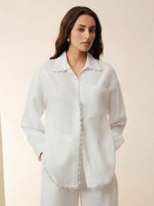 Anewsta Women's Oversized Pearl Trim Loose Modern Fashion Blouse - White - View 4