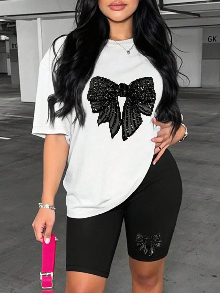 INAWLY 2件套女士休闲亮片蝴蝶结T恤和短裤套装 - 白色 - 查看 1