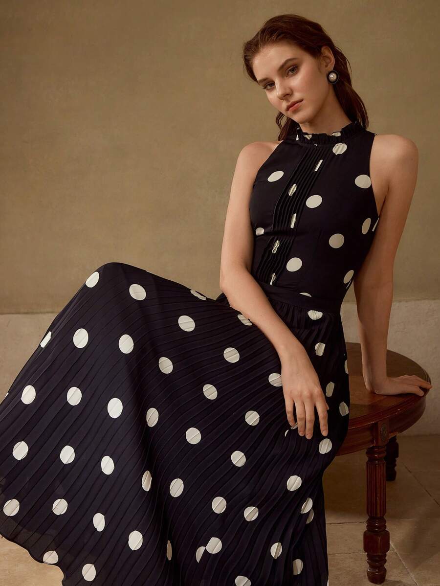 MOTF PREMIUM POLKA DOT PRINT PLEATED LONG DRESS - Black - View 1