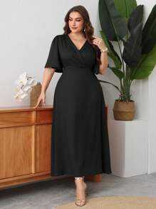 Modelyn Plus Size Maxi V-Neck Ruffled Sleeve Fitted Waist A-Line Elegant Romantic Dress, Spring/Summer - Black - View 3