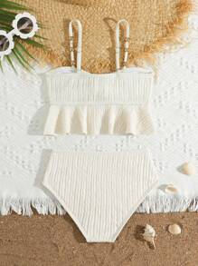 2 pièces/Set Mignon Jeune Fille Monokini Couleur Unie, Costume de Bain de Plage d'Été