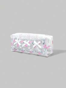 ROMWE Kawaii 透明 PVC 亮片粉色圆点蝴蝶结印花小巧便携化妆品收纳盒铅笔袋 - 彩色 - 查看 6