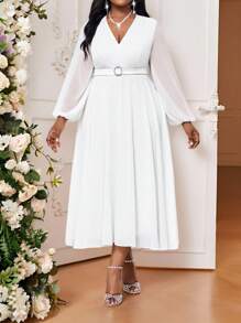 SHEIN Lady 大码女装春夏休闲优雅波西米亚粉色圆领针织立体花卉面料网眼拼接泡泡袖婚纱大码连衣裙 - 白色 - 查看 5