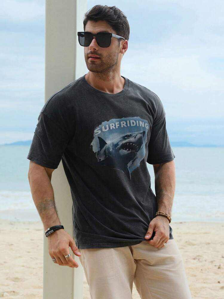 Men's Shark & Letter Print Vintage Washed Black Beach Tee, Summer