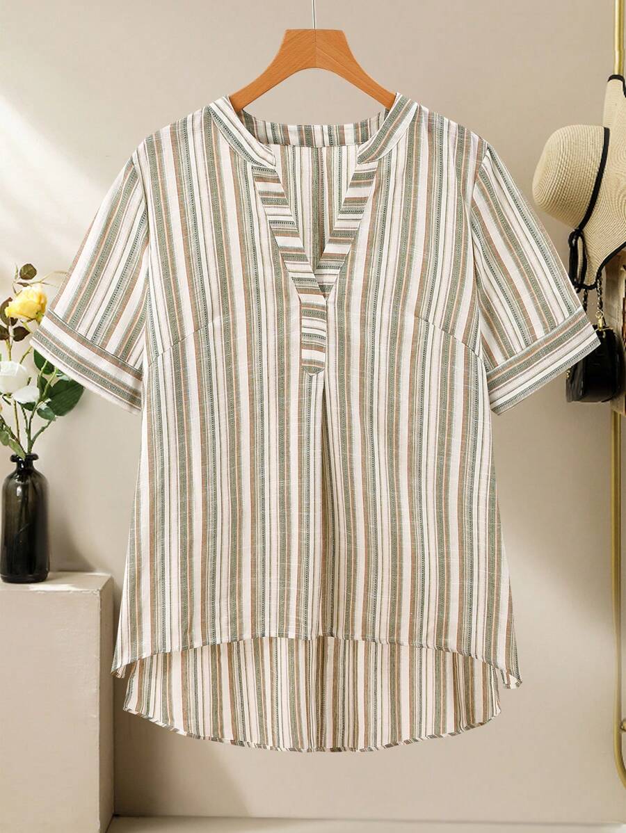 Lacomfia Blusa casual holgada con escote en V para mujer de talla grande - Verde - Ver 1