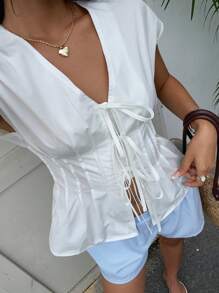 SHEIN EZwear 女士纯色 V 领系带休闲短袖衬衫，夏季 - 白色 - 查看 4