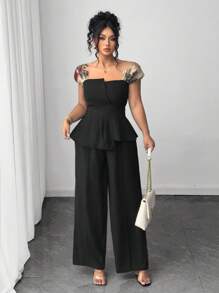 Elenzga Plus Size Women 2pcs Set, Asymmetric Mesh Embroidered Blouse & Wide Leg Pants - Black - View 3