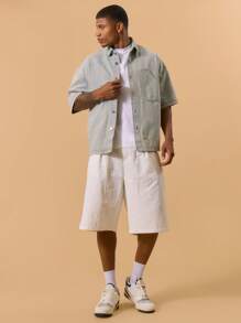 Musero 男士宽松大码水洗牛仔夹克，短袖，后背印花图案，春夏度假街头风 - 淺藍色 - 查看 5