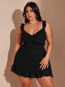 SHEIN BAE Vestido mini elegante, romántico y sexy con cuello en V, dulce y versátil para citas, con volantes rojos en el bajo, vestido casual de verano para playa, vacaciones y fiestas, vestido fluido para mujer de talla grande