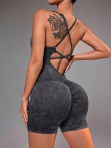 Velisys Velisys 3件組女款炭灰色夏季性感健身瑜伽運動連身褲，露背交叉鏤空無縫運動連身衣，運動健身服裝套裝 - 彩色 - 查看 5
