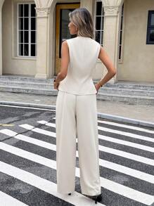 Siren Gaze 女士金属纽扣背心和裤子套装 - 杏色 - 查看 2