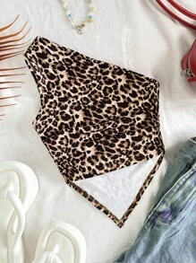 Áo bó sát họa tiết da báo một bên vai cho bé gái tuổi mới lớn, xếp ly eo không đối xứng, thời trang thu đông - màu nâu - Xem 2