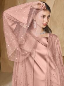 Al Najma Bộ đồ phối lưới sequin thanh lịch kiểu mới cho nữ kèm áo khoác dài tay và váy - Bụi hồng - Xem 7