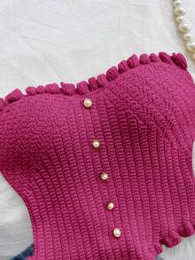 Soleia Top tubo de punto con volantes en el bajo de color liso y casual - Rosa Fucsia - Ver 5