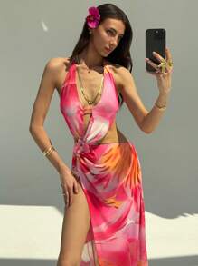 Aloruh Nuevo vestido largo de resort transparente de corte alto con escote profundo en V y espalda descubierta, con diseño de flor hueca y estampado de malla, de alta cintura y ajustado al Body, para vacaciones en la playa y sexys