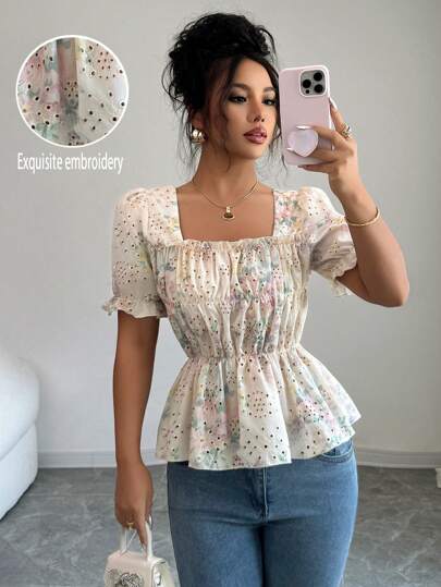 Elenzga Women's Ditsy Floral Embroidery Elegant Summer Blouse