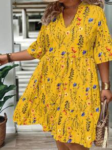 EMERY ROSE Plus Size Women Branch & Floral Print V-Neck Ruffled Hem Loose Shift Dress For Summer - Yellow - View 4