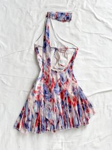 Soleia Vestido mini para vacaciones sexy con diseño asimétrico, cintura ceñida, estampado floral efecto tie-dye, espalda descubierta para mujer, estilo campestre romántico