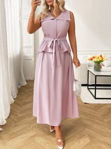 EMERY ROSE Plus Size Collared Button Fly Top & Skirt 2pcs Set - Purple - View 6