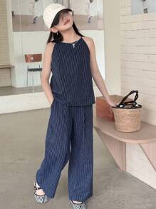 DAZY 2 件幼儿女童条纹吊带背心和裤子套装，秋季服装 - 藏蓝色 - 查看 2