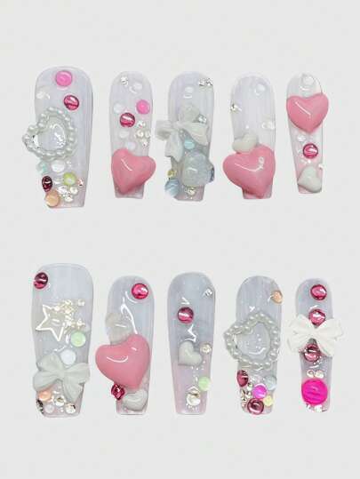 Kawaii Kawaii Y2K Bowknot 3D Heart Colorful Polka Dot Milky Long Square Pure Handmade False Nails, Sweet Dopamine Girl