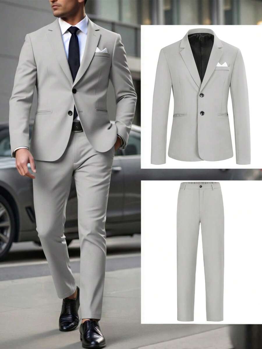 Manfinity Bizformal 2件套男士灰色商务休闲西装 - 淺灰色 - 查看 1