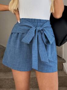 Easowa Summer Casual Drawstring Waist Bowknot Front Shorts For Women, Blue Bicolor Fabric Women Summer Clothes Wide Leg Pants Woman Baggy Pants Shorts With Bows Bow Shorts Tie Waist Shorts Womens Casual Shorts Summer Shorts Teacher Outfits  Navy Blue Work Clothes  Old Money
