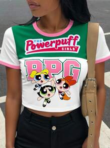 THE POWERPUFF GIRLS X SHEIN Crew Neck Short Sleeve Tight Cropped Contrast Trim Collar Summer Casual Cartoon Cute Interesting Sport Ballerina Style Retro Blossom, Bubbles, Buttercup Pattern Full Cover Tight Fitted Women T-Shirt Suitable For Going Out - White - View 2