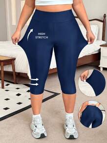 SHEIN EZwear 海军蓝加大码柔软功能性七分紧身裤，夏季必备 - 藏蓝色 - 查看 1