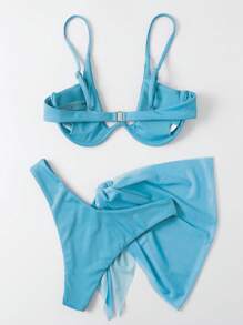 Swim Vcay 女款素色性感比基尼三件套，包含泳衣與罩衫裙，附鋼圈，夏季海灘適用 - 淺藍色 - 查看 2