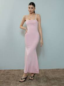 SHEIN MOD Pink Contrast Trim Back Graphic Decorated Fish Tail Dress - Pink - View 1