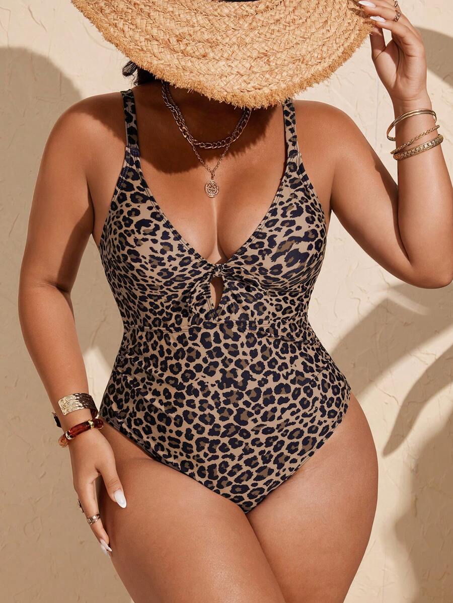 SHEIN Swim Vcay 大码女式连体时尚性感豹纹V领系带镂空可调节肩带休闲连体泳衣 - 棕色 - 查看 1