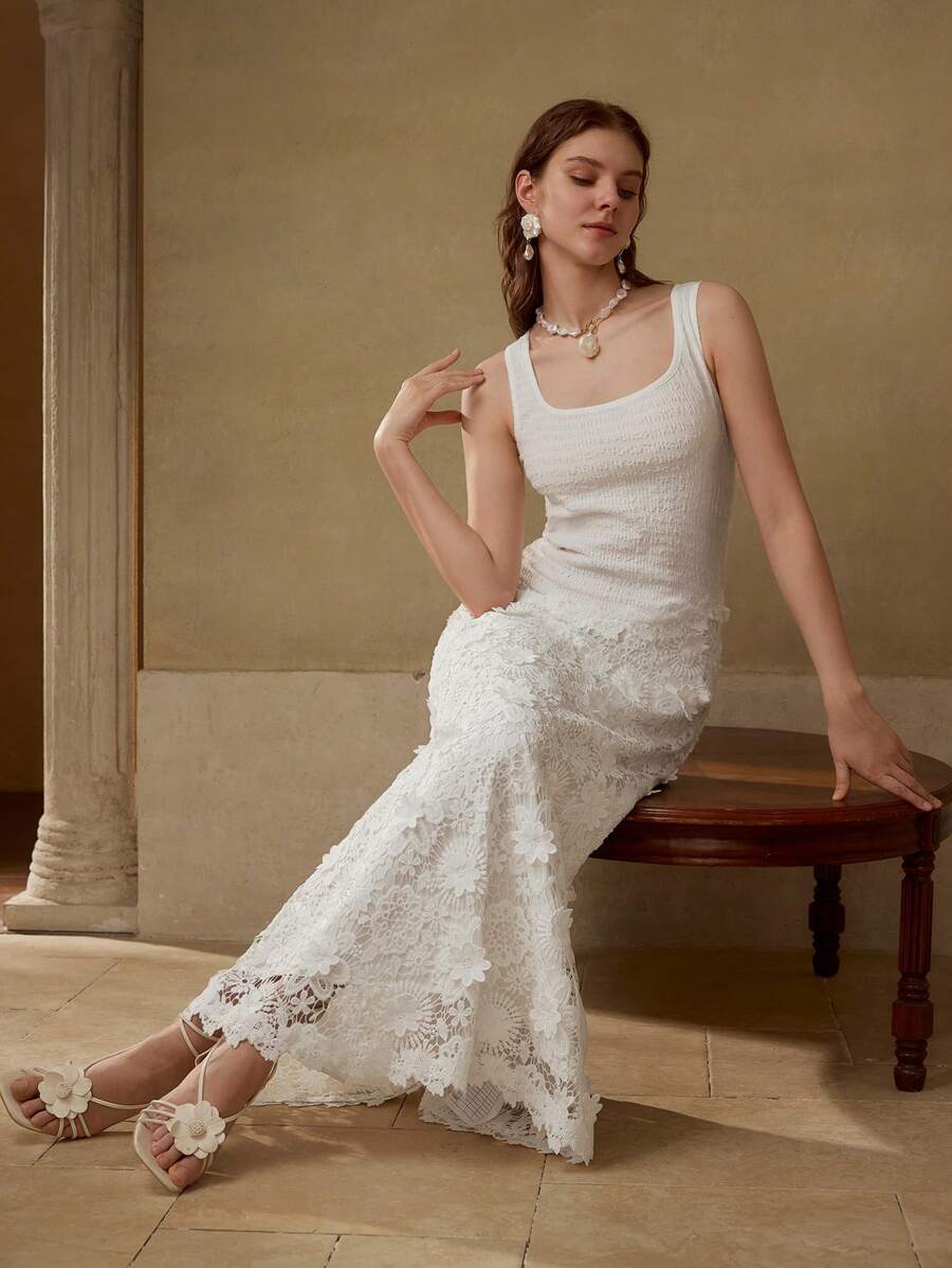 MOTF PREMIUM VESTIDO CON CREMALLERA DE ENCAJE GUIPUR - Blanco - Ver 1
