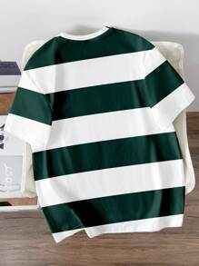 Manfinity Joysei Plus Size Men Casual Striped T-Shirt, Versatile For Summer T Shirts For Men Green And White Men Stripe T Shirt