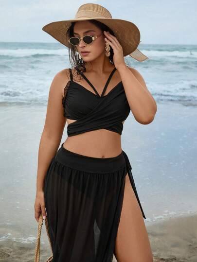 Swim Vcay Plus Size Women 3pcs Bikini Set - Sleeveless Tied Crop Top, Triangle Bottoms, Long Sheer Coverup Dress, Suitable For Beach, Swimming Pool For Summer Beach Vacation