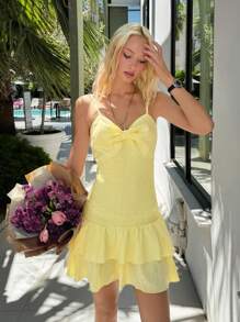 SHEIN EZwear Váy trễ vai hở lưng buộc dây phía trước màu vàng cho nữ - Màu vàng - Xem 5