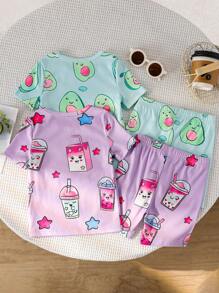 Girls School Style Allover Print Short Sleeve & Shorts 2pcs Sleepwear Set - Multicolor - View 2