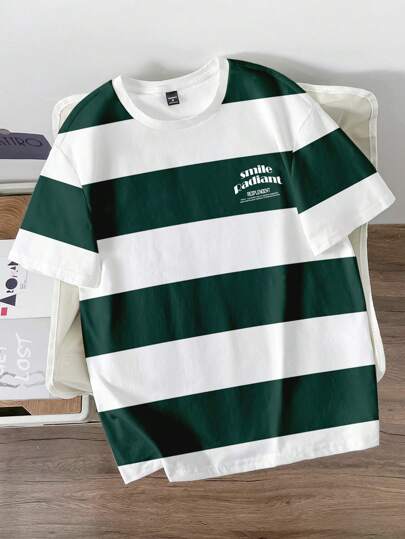 Manfinity Joysei Plus Size Men Casual Striped T-Shirt, Versatile For Summer T Shirts For Men Green And White Men Stripe T Shirt