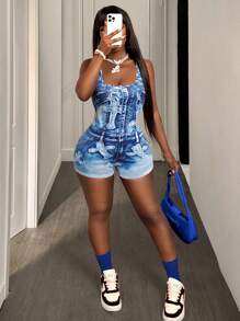 BamGleam Bộ đồ liền thân in họa tiết denim toàn thân cho nữ - Nhiều màu - Xem 4
