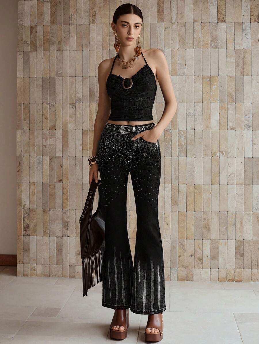 MOTF PREMIUM RHINESTONE DETAIL FLARE LEG JEANS - Black - View 2