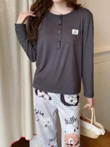 2件套少女可爱优雅灰色长袖运动衫和卡通小狗印花休闲舒适灰色打底裤家居睡衣套装 - 彩色 - 查看 6