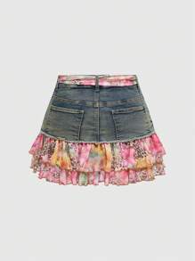 ROMWE Avant Váy ngắn denim họa tiết da báo và hoa cổ điển Y2K dành cho nữ - Bao gồm khăn quàng cổ và thắt lưng - Màu xanh lam - Xem 2