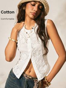 2025 Summer Easelle Vest Pattern Open Button Holiday Style Tops Lace Button Vest Seaside White Linen Pants Women Holiday Outfits - White - View 5