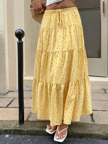 SHEIN EZwear Airport Butter Yellow Woven Ditsy Floral Elastic Waist Drawstring Beach Boho Skirt For Women Yellow Maxi Skirt Summer Maxi Skirt Floral Maxi Skirt