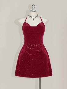 SHEIN ICON 大码修身闪光天鹅绒露背褶饰腰迷你连衣裙 - 紅色 - 查看 6