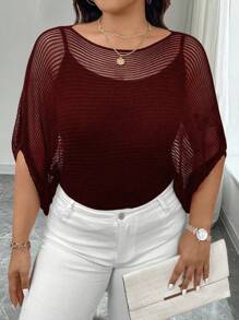 SHEIN Clasi Áo len dệt kim đơn giản màu trơn cỡ lớn dành cho nữ, mặc hàng ngày, mùa hè - Màu Đỏ Sâu - Xem 3