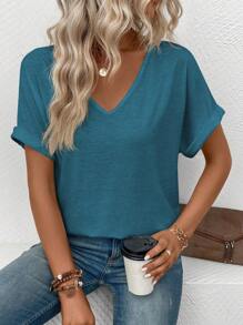 SHEIN LUNE 夏季休闲纯色蝙蝠袖T恤 - 水鴨藍 - 查看 4