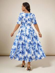 Modelyn Vestido de moda de manga corta y cuello cuadrado, adecuado para el verano, talla grande - Azul - Ver 2