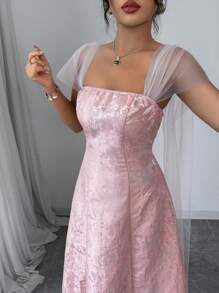 Elenzga Summer Vacation Bohemian Jacquard Mesh A-Line Midi Dress - Pink - View 1